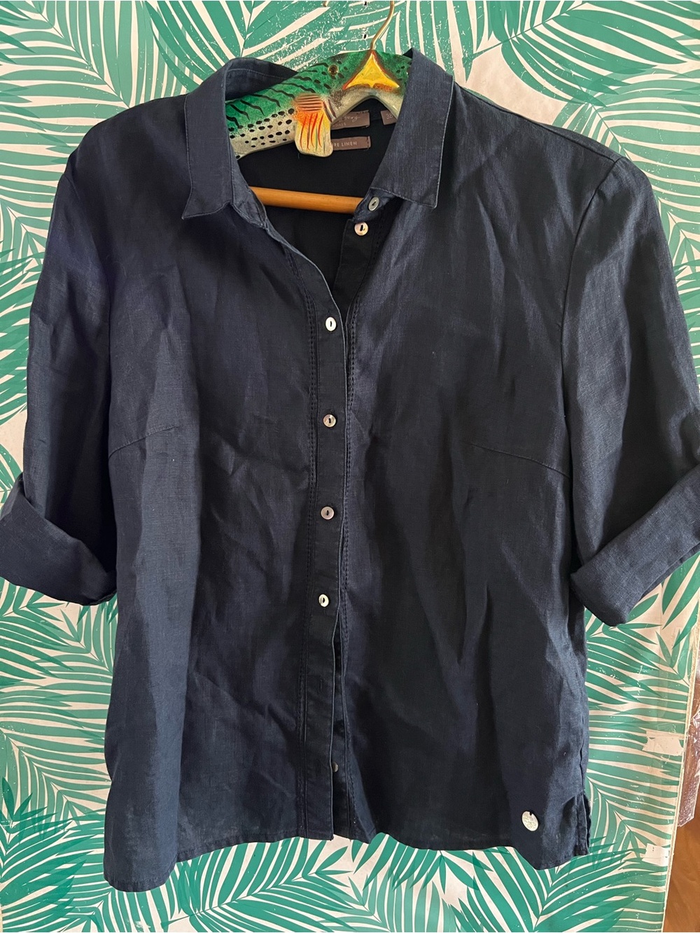Christian Berg Dark Navy 100% Linen-Blend Casual Button-Down Sz 38 European